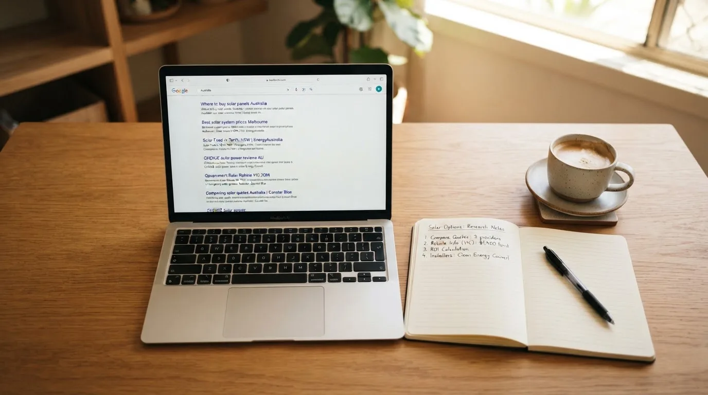 A tidy desk with a laptop open on a plain search-results page, a notebook and a coffee cup beside it, no screens showing any casino branding.