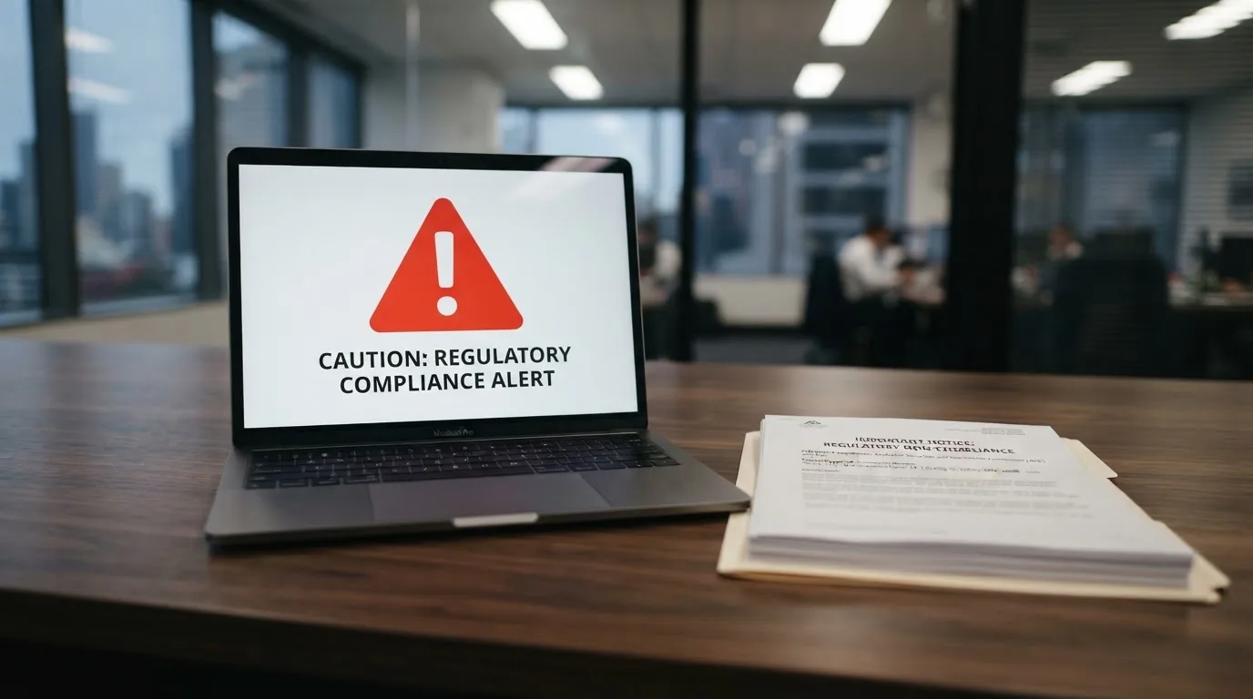 A red triangular warning sign icon on a laptop screen next to a stack of legal papers, symbolising an official caution rather than any specific website.