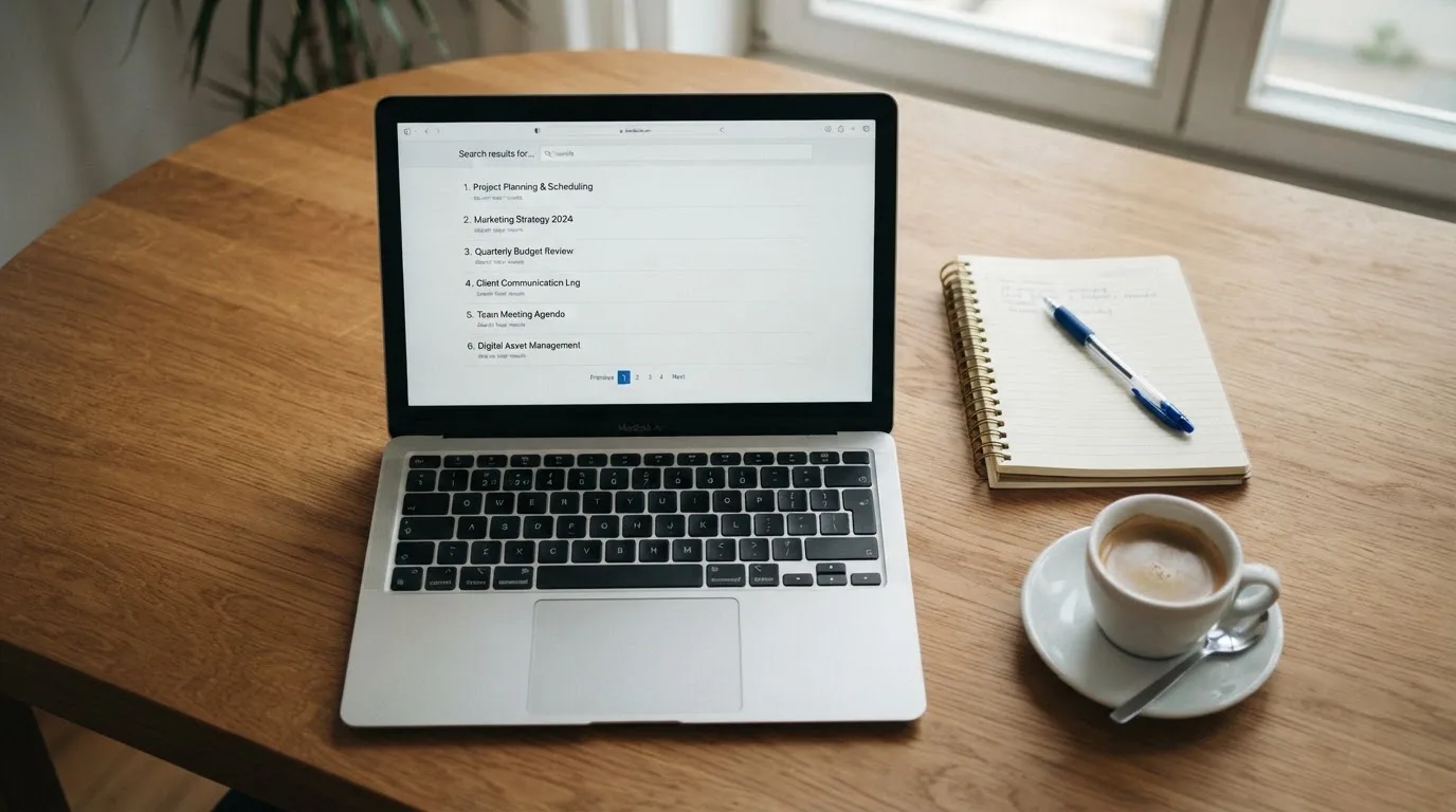 A tidy desk with a laptop open on a plain search-results page, a notebook and a coffee cup beside it, no screens showing any casino branding.