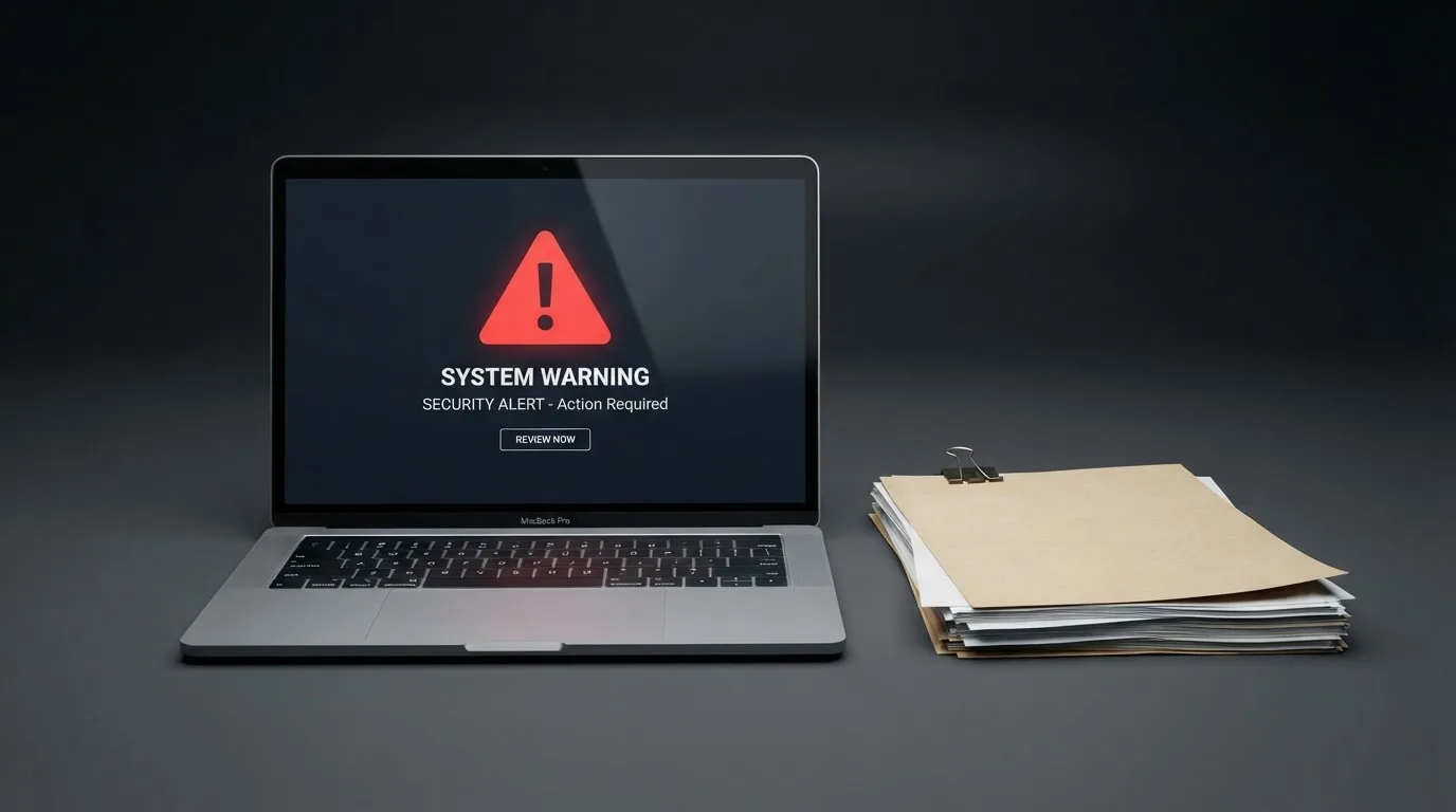 A red triangular warning sign icon on a laptop screen next to a stack of legal papers, symbolising an official caution rather than any specific website.