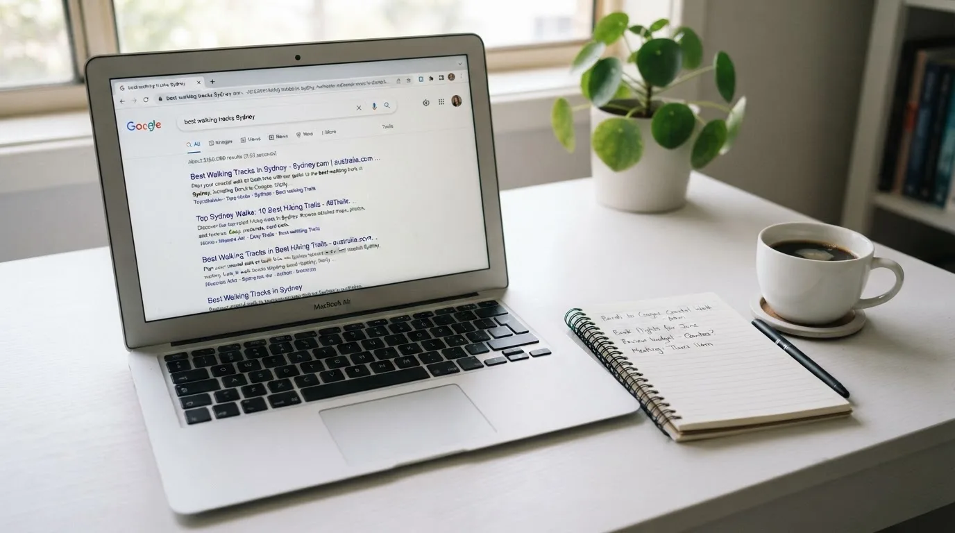 A tidy desk with a laptop open on a plain search-results page, a notebook and a coffee cup beside it, no screens showing any casino branding.