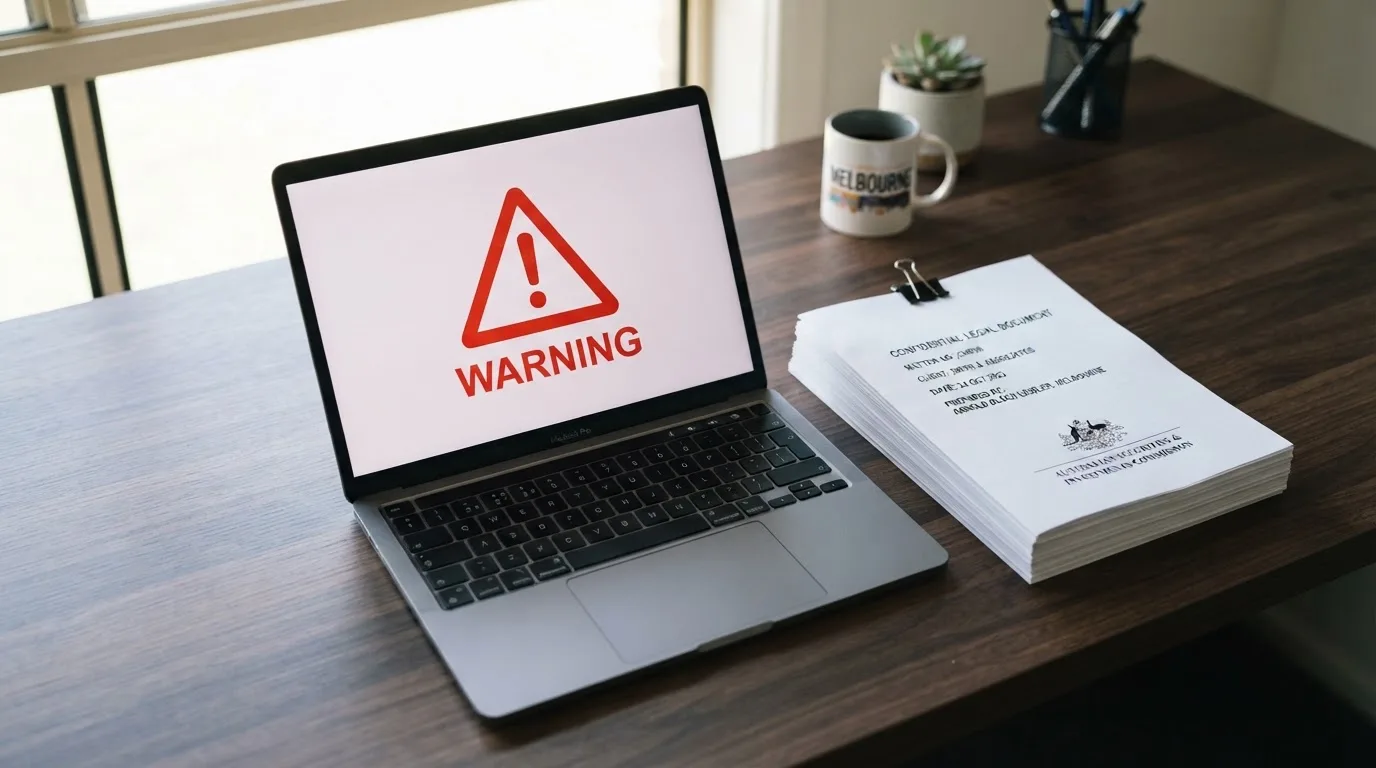 A red triangular warning sign icon on a laptop screen next to a stack of legal papers, symbolising an official caution rather than any specific website.