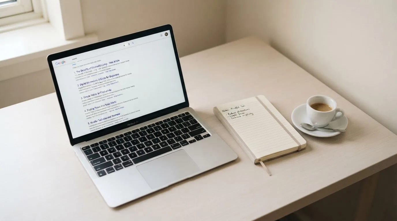 A tidy desk with a laptop open on a plain search-results page, a notebook and a coffee cup beside it, no screens showing any casino branding.