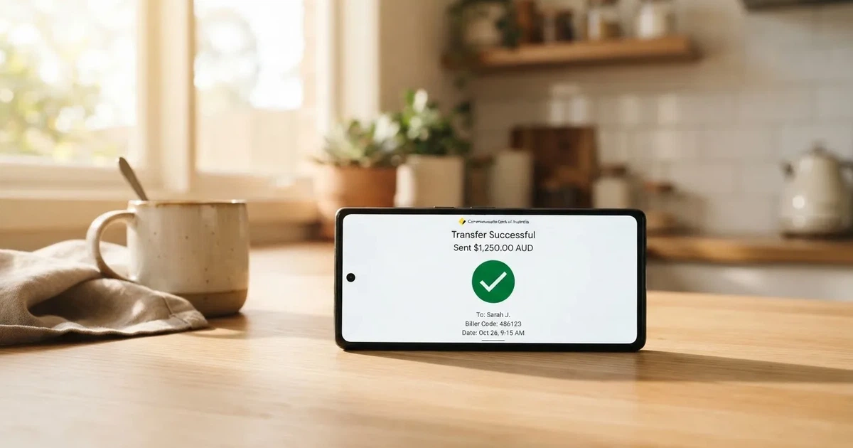 A smartphone screen showing a generic bank-transfer confirmation tick, held over a kitchen table.