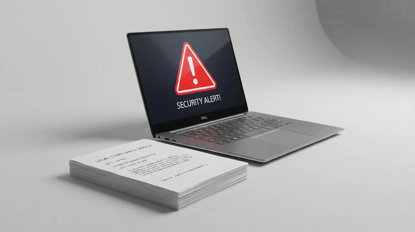 A red triangular warning sign icon on a laptop screen next to a stack of legal papers, symbolising an official caution rather than any specific website.