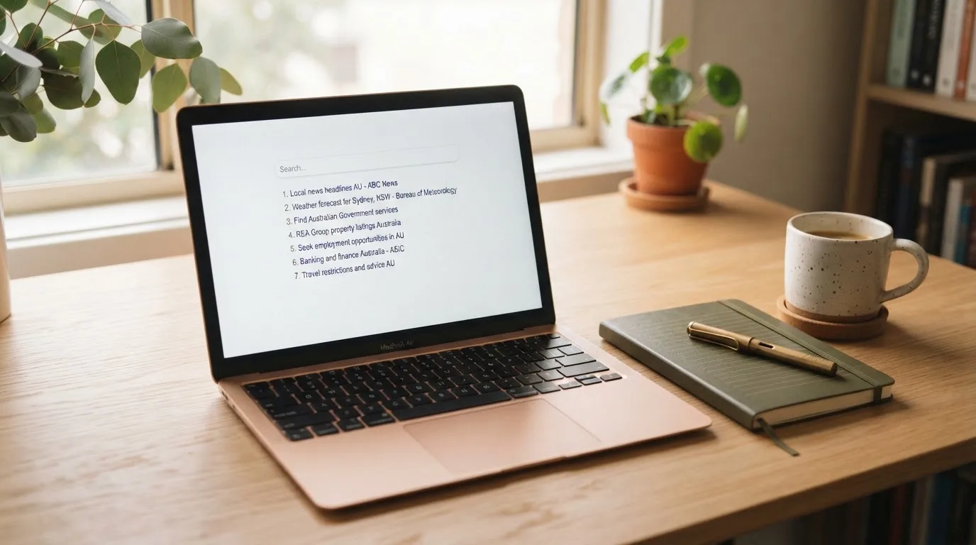 A tidy desk with a laptop open on a plain search-results page, a notebook and a coffee cup beside it, no screens showing any casino branding.