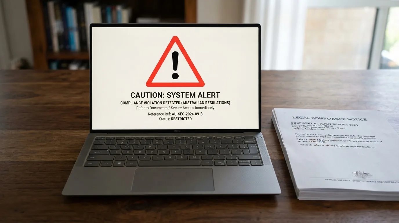 A red triangular warning sign icon on a laptop screen next to a stack of legal papers, symbolising an official caution rather than any specific website.