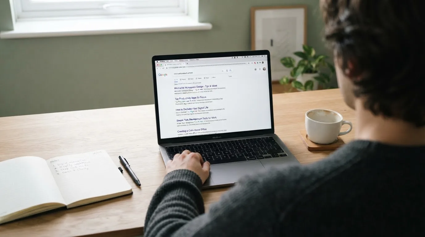 A tidy desk with a laptop open on a plain search-results page, a notebook and a coffee cup beside it, no screens showing any casino branding.
