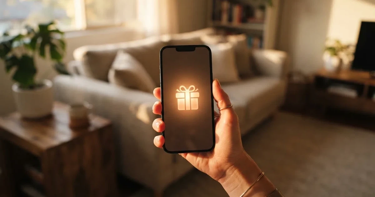 A gift box icon glowing on a phone screen, held at arm's length, suggesting an unopened offer rather than an active game.