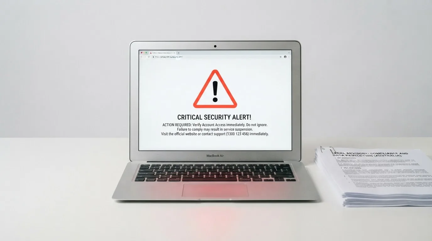 A red triangular warning sign icon on a laptop screen next to a stack of legal papers, symbolising an official caution rather than any specific website.