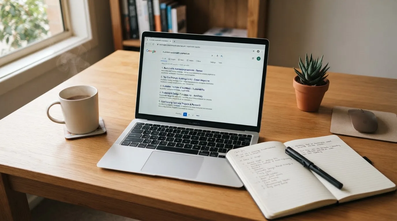 A tidy desk with a laptop open on a plain search-results page, a notebook and a coffee cup beside it, no screens showing any casino branding.
