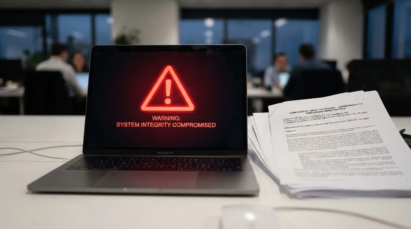 A red triangular warning sign icon on a laptop screen next to a stack of legal papers, symbolising an official caution rather than any specific website.