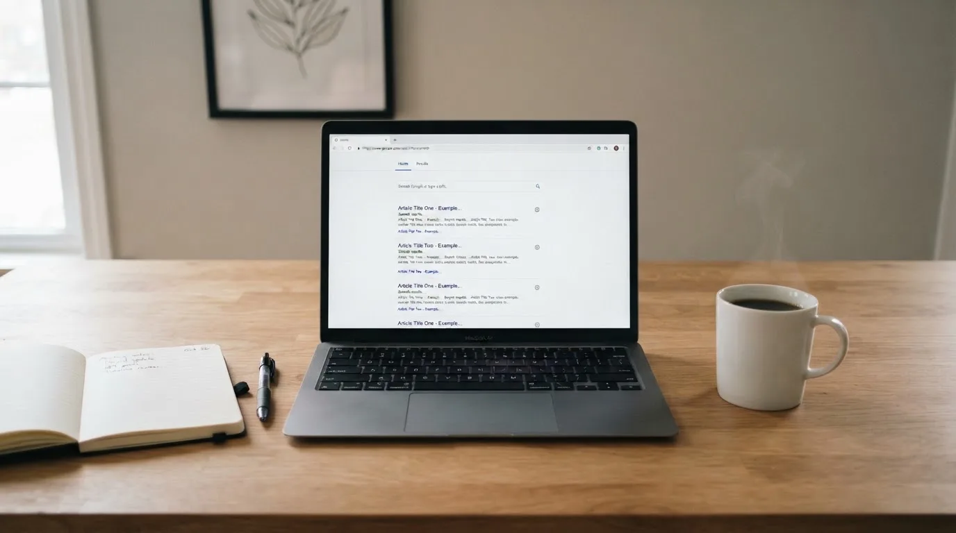 A tidy desk with a laptop open on a plain search-results page, a notebook and a coffee cup beside it, no screens showing any casino branding.