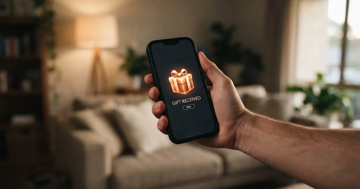 A gift box icon glowing on a phone screen, held at arm's length, suggesting an unopened offer rather than an active game.