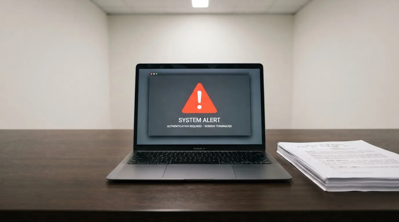 A red triangular warning sign icon on a laptop screen next to a stack of legal papers, symbolising an official caution rather than any specific website.