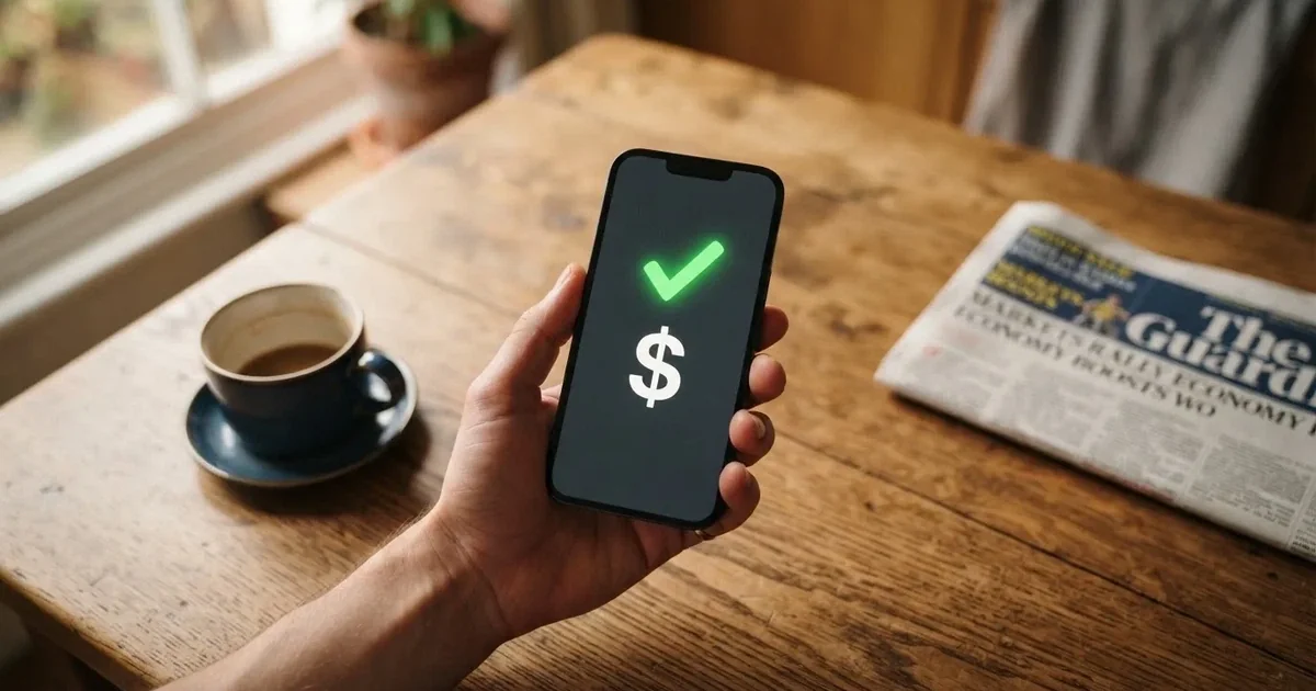 A smartphone screen showing a generic bank-transfer confirmation tick, held over a kitchen table.