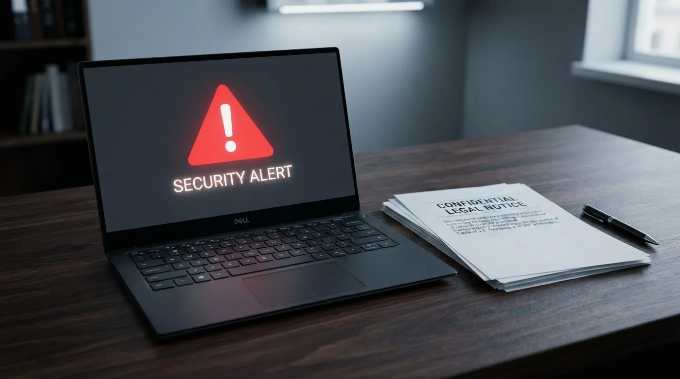 A red triangular warning sign icon on a laptop screen next to a stack of legal papers, symbolising an official caution rather than any specific website.