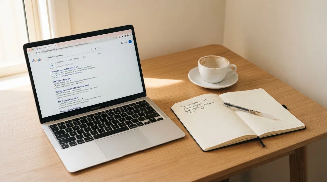 A tidy desk with a laptop open on a plain search-results page, a notebook and a coffee cup beside it, no screens showing any casino branding.