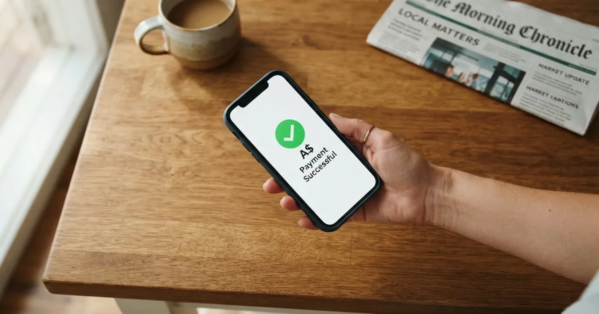A smartphone screen showing a generic bank-transfer confirmation tick, held over a kitchen table.