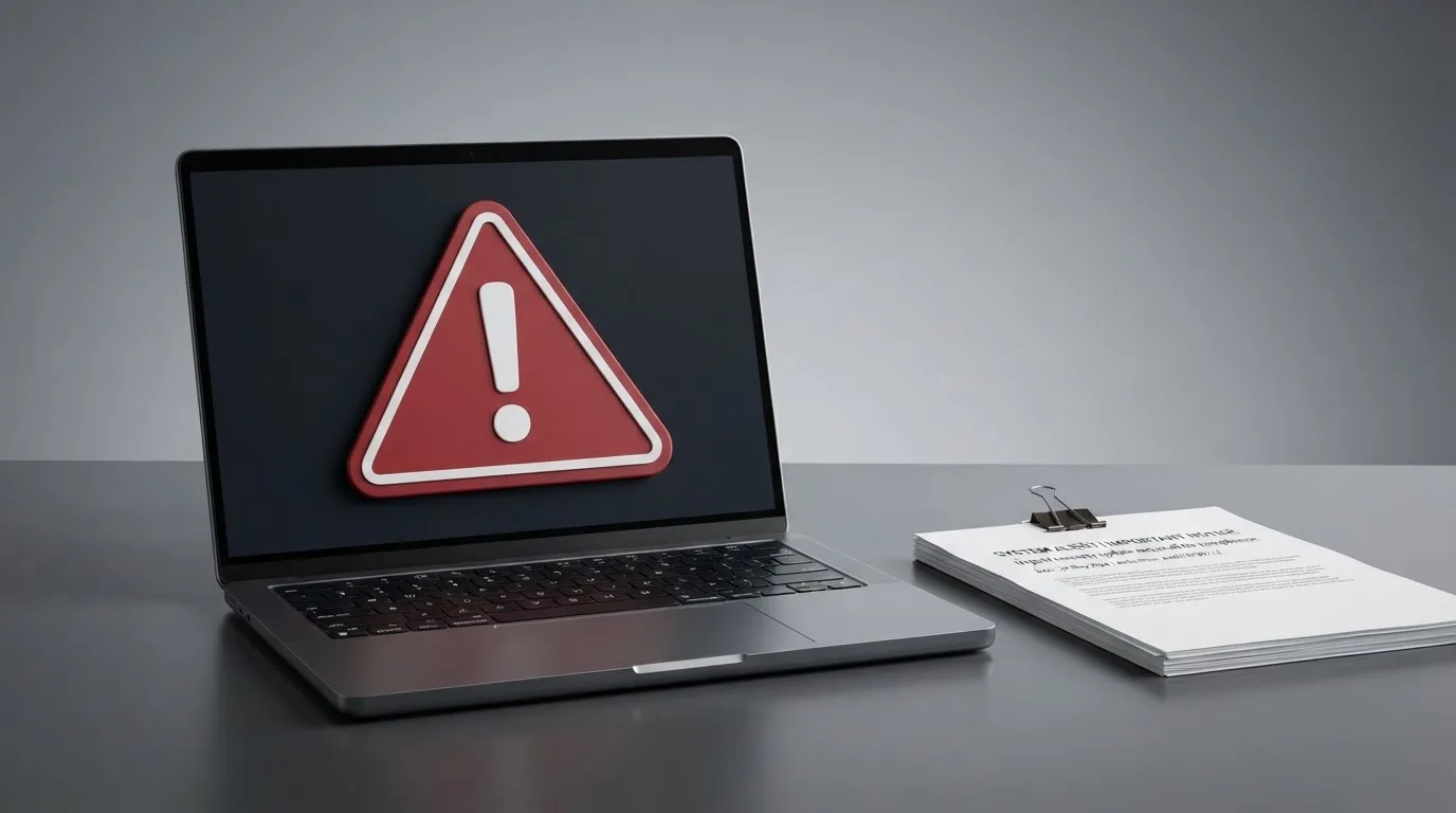 A red triangular warning sign icon on a laptop screen next to a stack of legal papers, symbolising an official caution rather than any specific website.