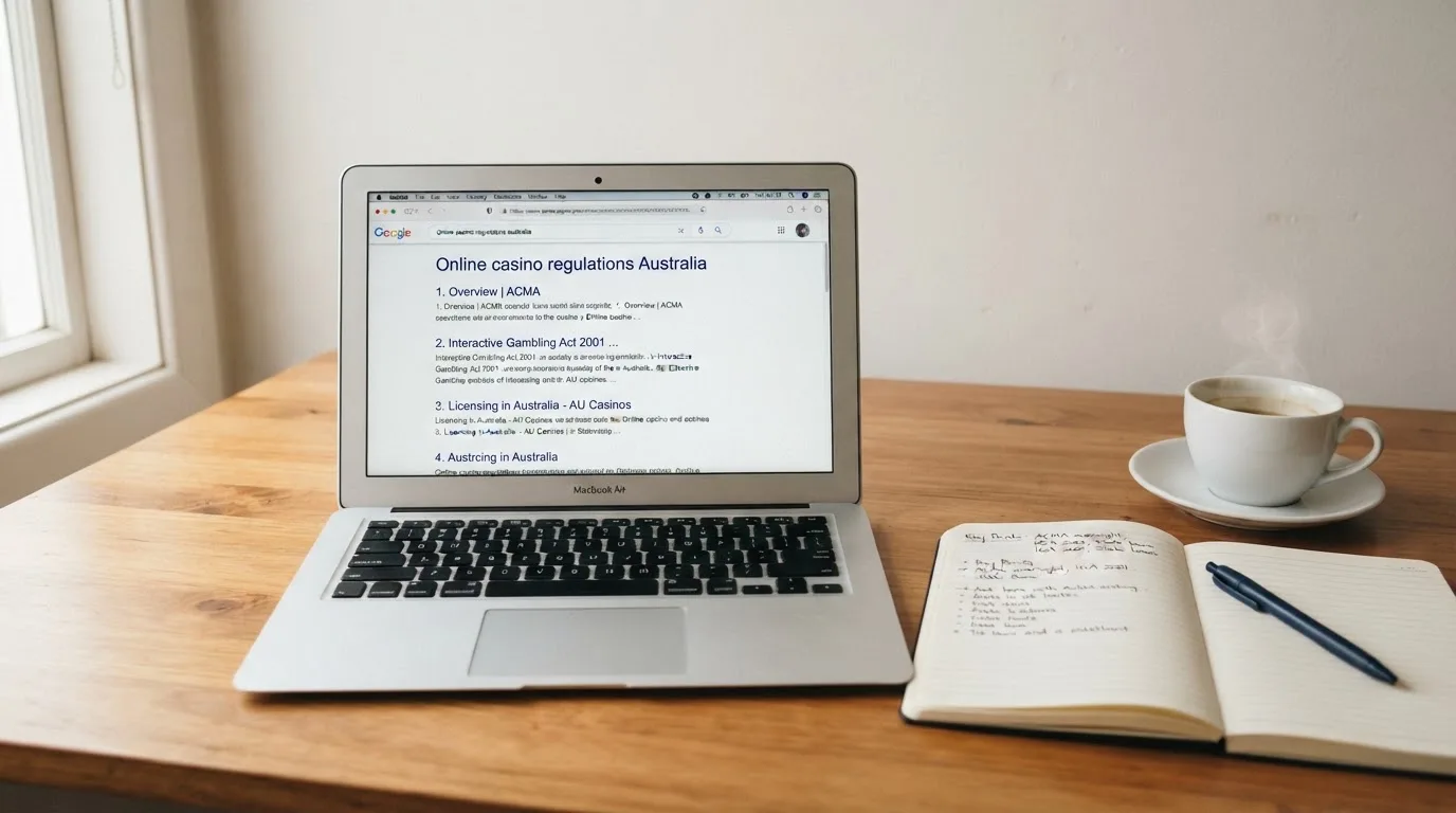 A tidy desk with a laptop open on a plain search-results page, a notebook and a coffee cup beside it, no screens showing any casino branding.