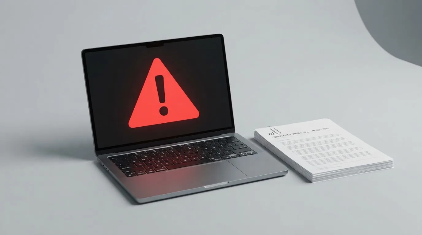 A red triangular warning sign icon on a laptop screen next to a stack of legal papers, symbolising an official caution rather than any specific website.