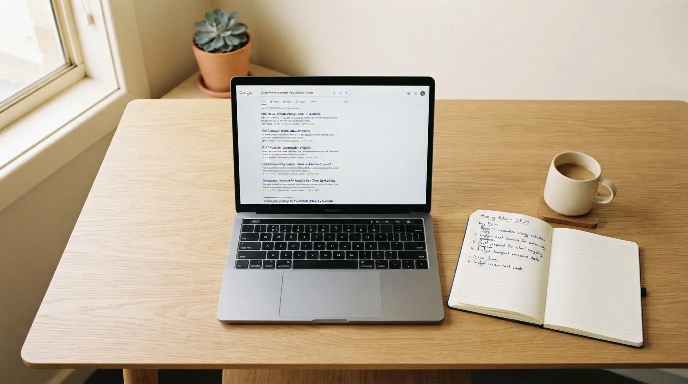 A tidy desk with a laptop open on a plain search-results page, a notebook and a coffee cup beside it, no screens showing any casino branding.