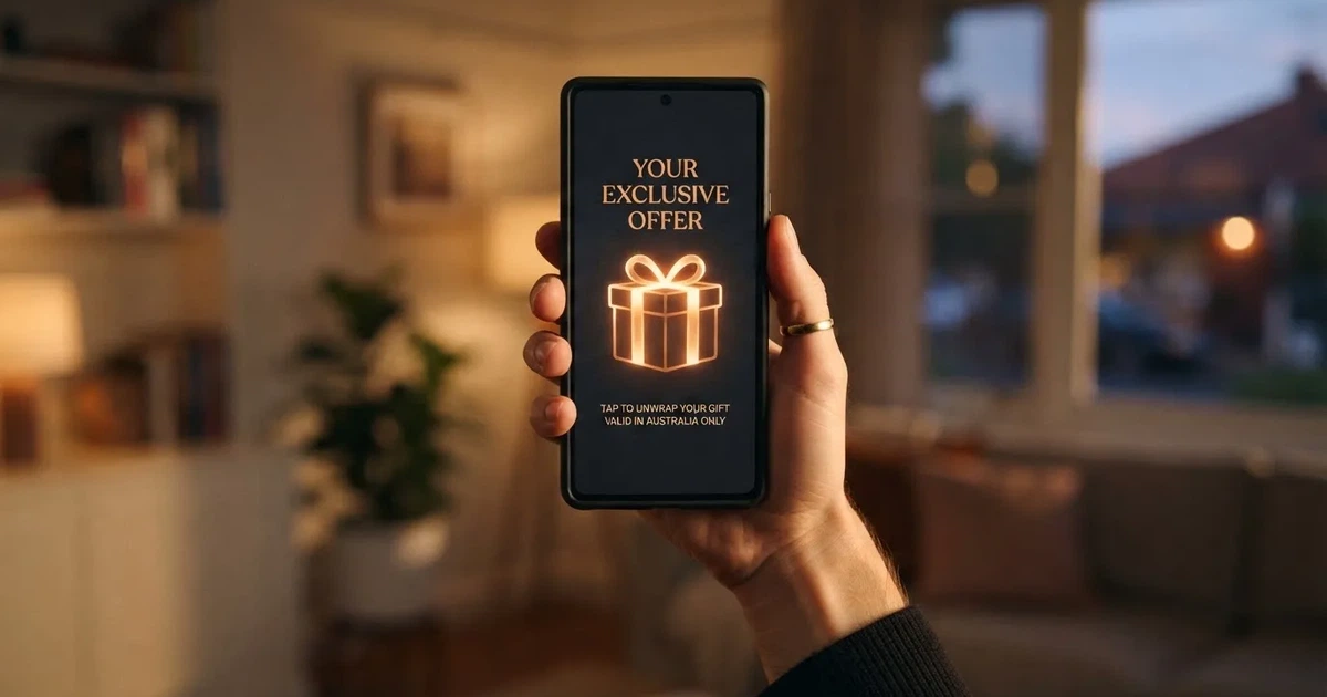 A gift box icon glowing on a phone screen, held at arm's length, suggesting an unopened offer rather than an active game.
