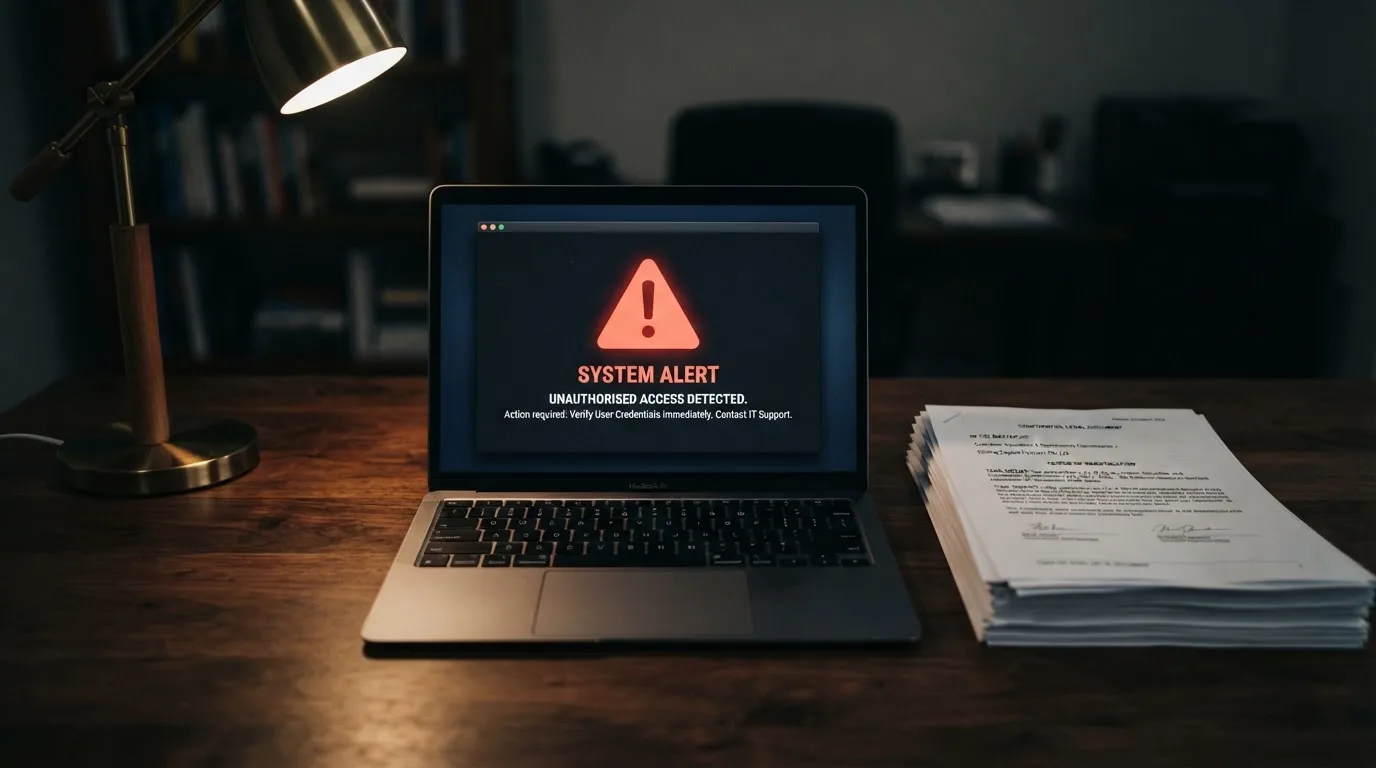 A red triangular warning sign icon on a laptop screen next to a stack of legal papers, symbolising an official caution rather than any specific website.