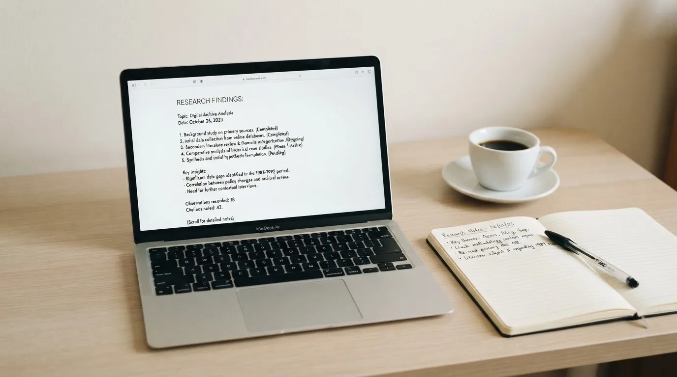 A tidy desk with a laptop open on a plain search-results page, a notebook and a coffee cup beside it, no screens showing any casino branding.