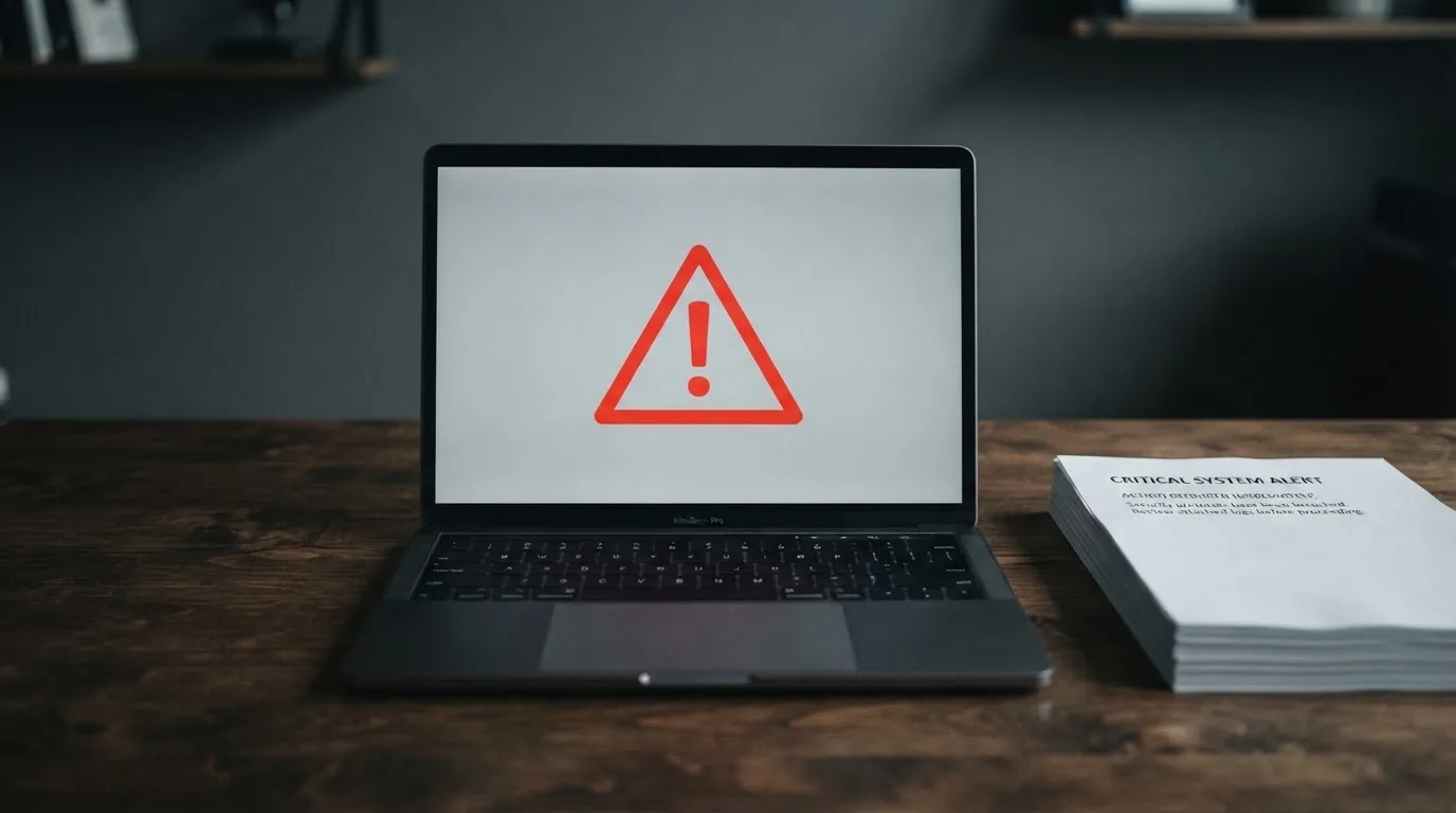 A red triangular warning sign icon on a laptop screen next to a stack of legal papers, symbolising an official caution rather than any specific website.