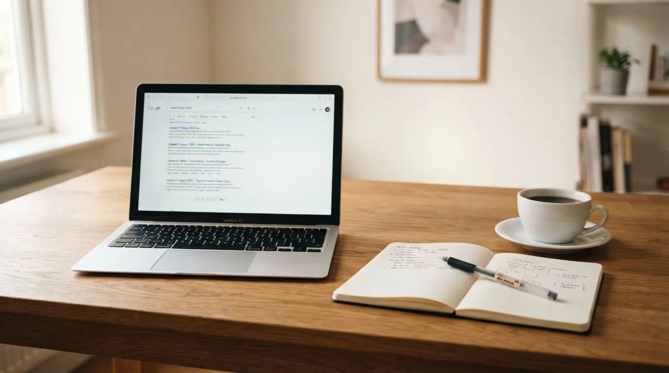 A tidy desk with a laptop open on a plain search-results page, a notebook and a coffee cup beside it, no screens showing any casino branding.