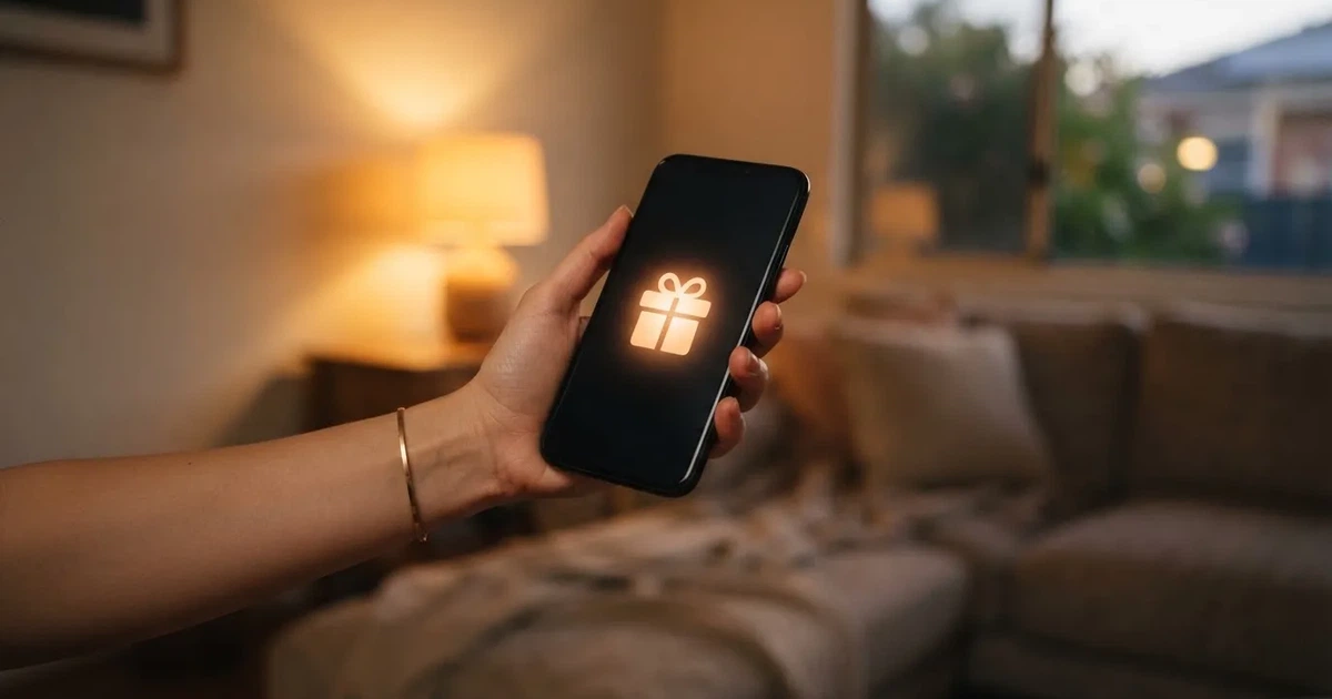 A gift box icon glowing on a phone screen, held at arm's length, suggesting an unopened offer rather than an active game.