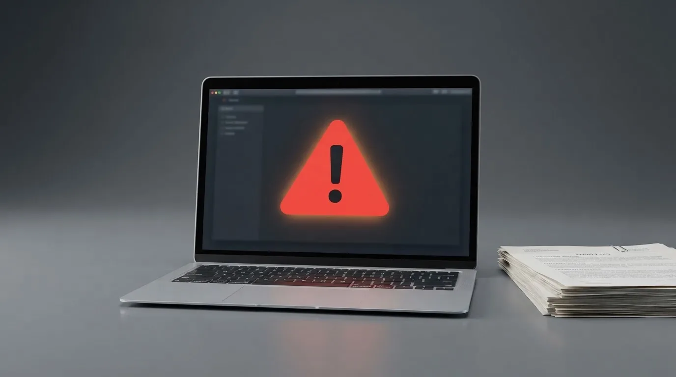 A red triangular warning sign icon on a laptop screen next to a stack of legal papers, symbolising an official caution rather than any specific website.