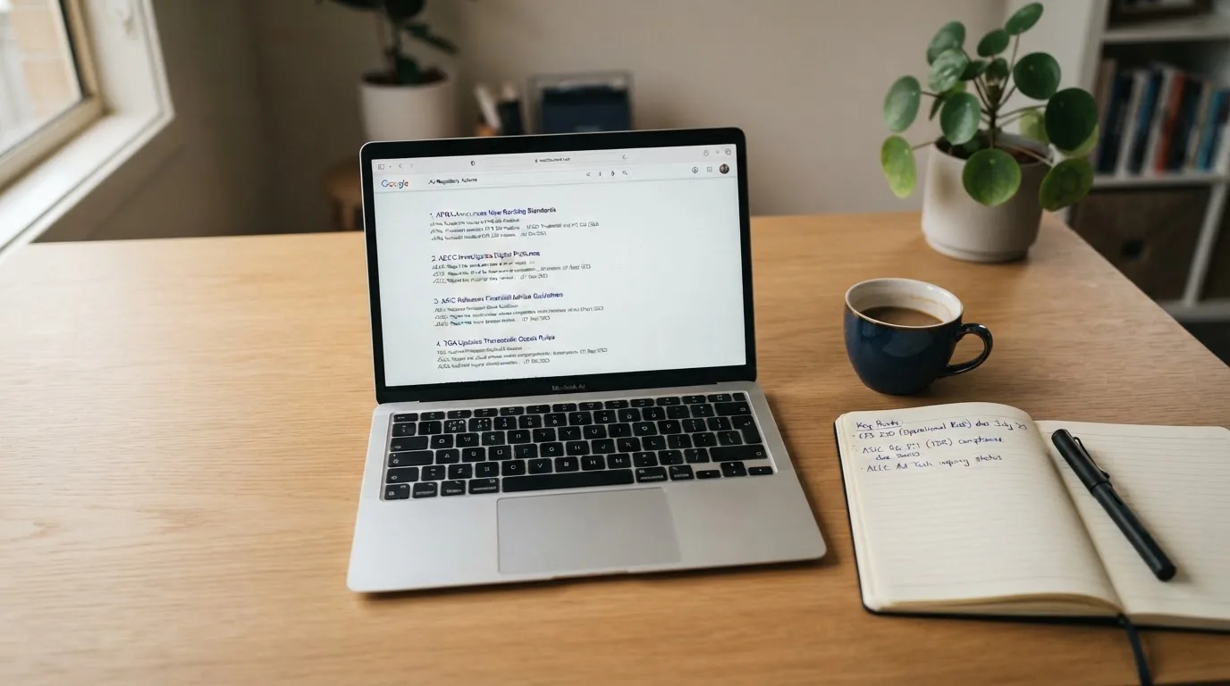 A tidy desk with a laptop open on a plain search-results page, a notebook and a coffee cup beside it, no screens showing any casino branding.