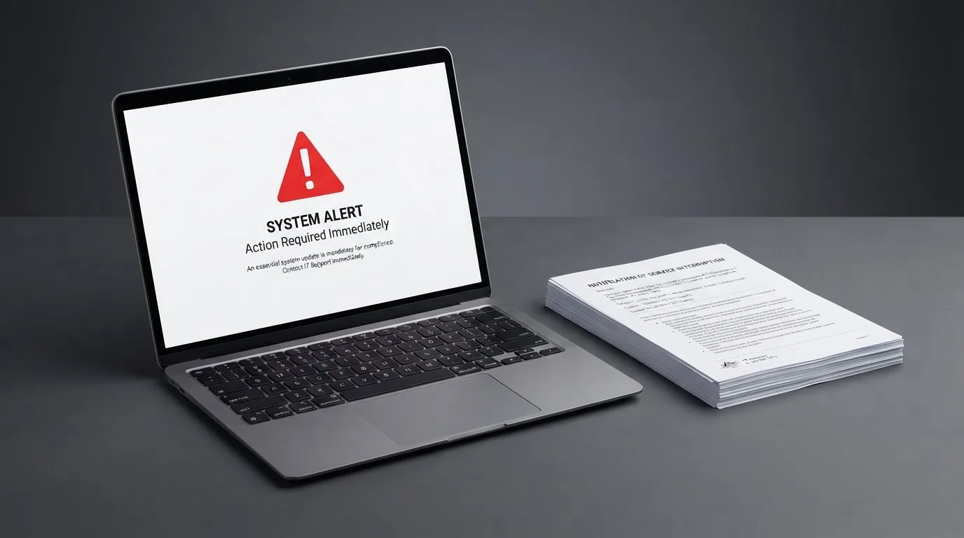 A red triangular warning sign icon on a laptop screen next to a stack of legal papers, symbolising an official caution rather than any specific website.