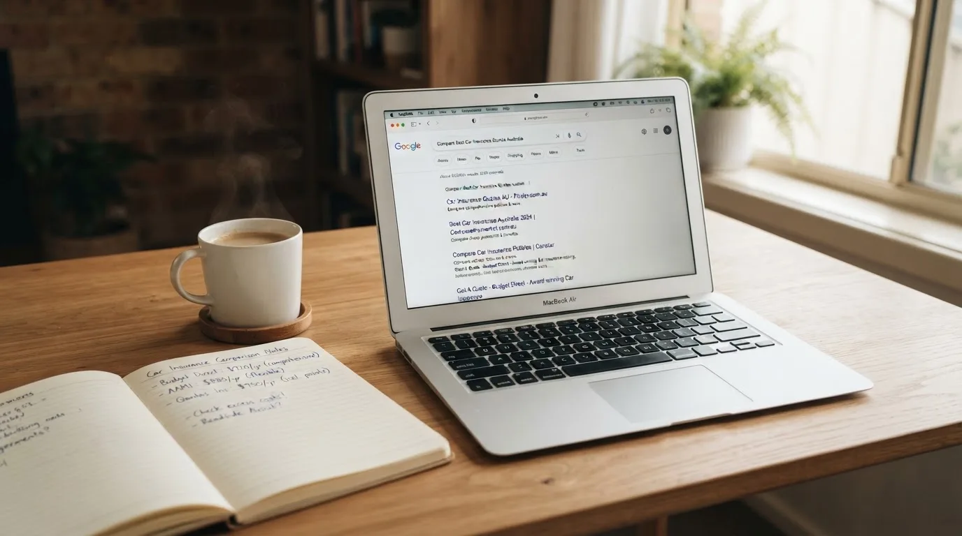 A tidy desk with a laptop open on a plain search-results page, a notebook and a coffee cup beside it, no screens showing any casino branding.