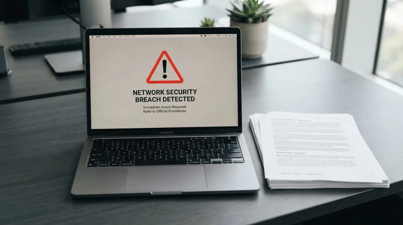 A red triangular warning sign icon on a laptop screen next to a stack of legal papers, symbolising an official caution rather than any specific website.