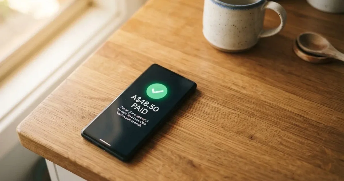 A smartphone screen showing a generic bank-transfer confirmation tick, held over a kitchen table.