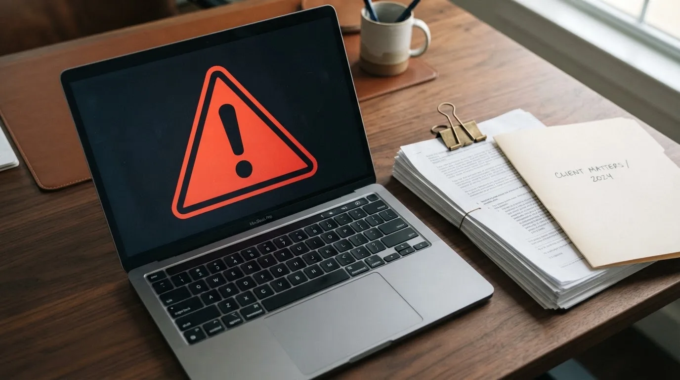 A red triangular warning sign icon on a laptop screen next to a stack of legal papers, symbolising an official caution rather than any specific website.