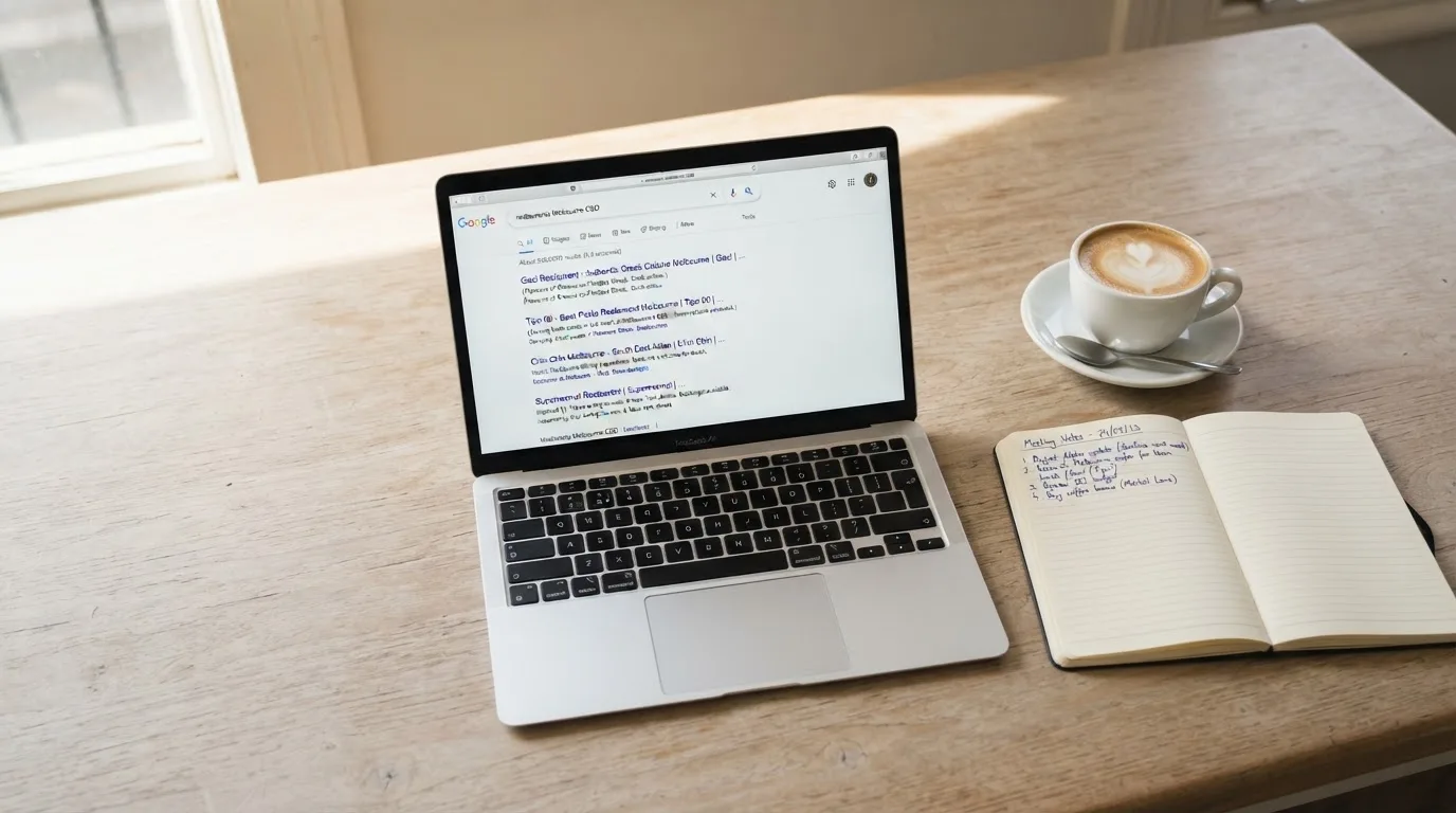 A tidy desk with a laptop open on a plain search-results page, a notebook and a coffee cup beside it, no screens showing any casino branding.