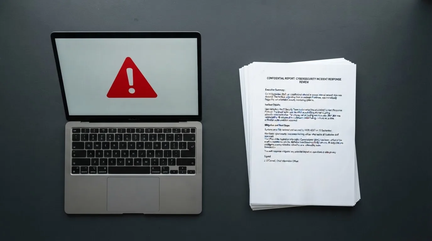 A red triangular warning sign icon on a laptop screen next to a stack of legal papers, symbolising an official caution rather than any specific website.