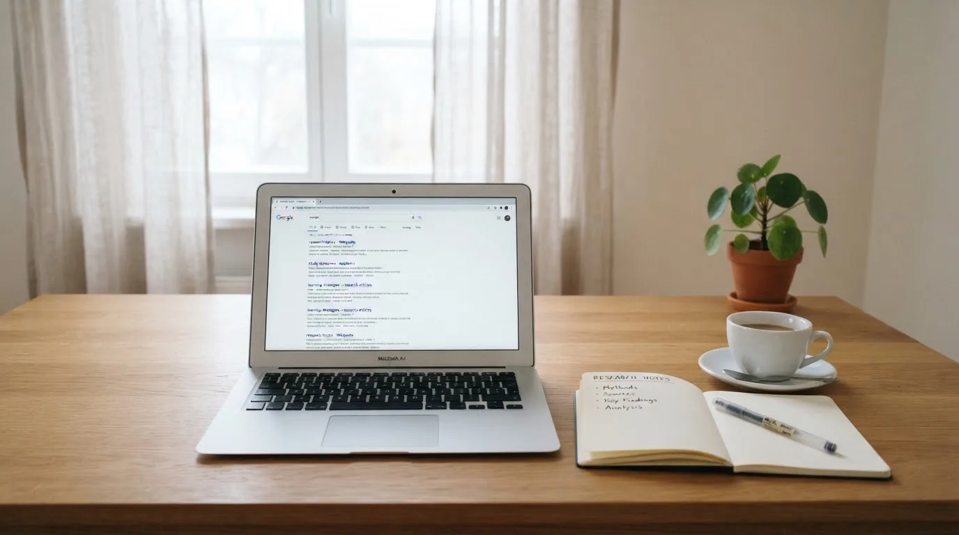 A tidy desk with a laptop open on a plain search-results page, a notebook and a coffee cup beside it, no screens showing any casino branding.
