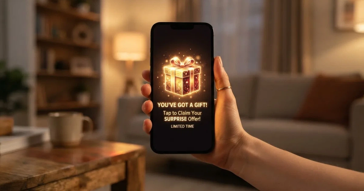 A gift box icon glowing on a phone screen, held at arm's length, suggesting an unopened offer rather than an active game.