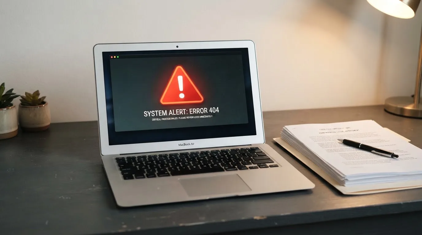 A red triangular warning sign icon on a laptop screen next to a stack of legal papers, symbolising an official caution rather than any specific website.