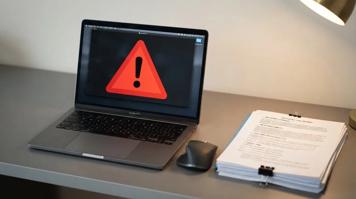 A red triangular warning sign icon on a laptop screen next to a stack of legal papers, symbolising an official caution rather than any specific website.