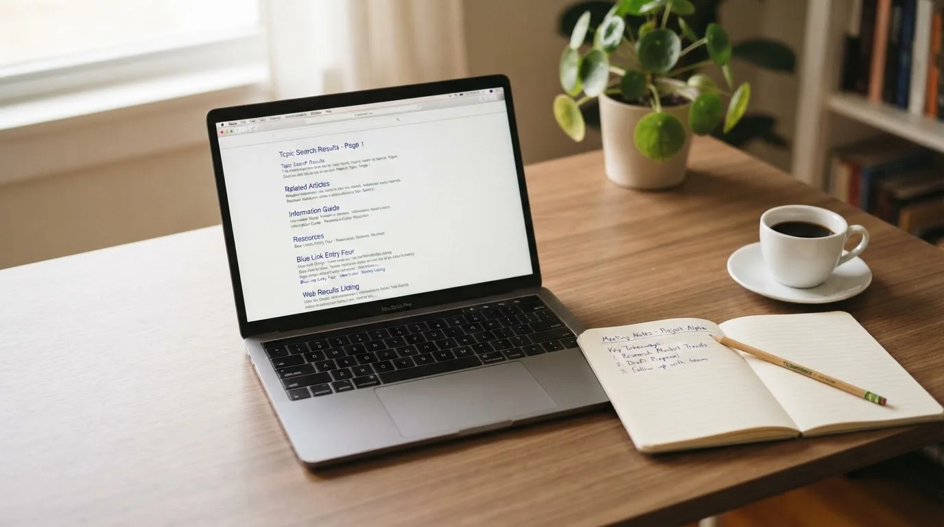 A tidy desk with a laptop open on a plain search-results page, a notebook and a coffee cup beside it, no screens showing any casino branding.