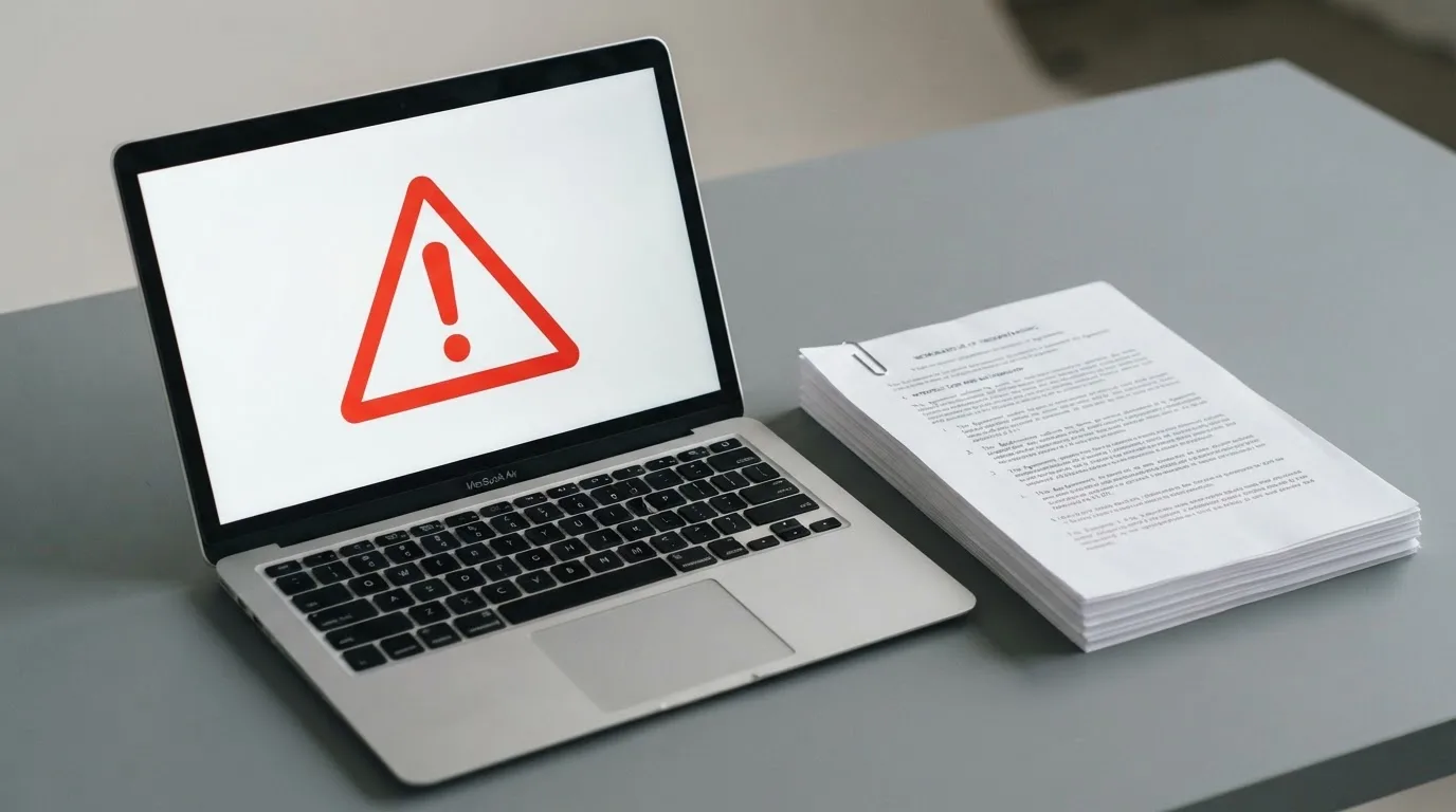 A red triangular warning sign icon on a laptop screen next to a stack of legal papers, symbolising an official caution rather than any specific website.