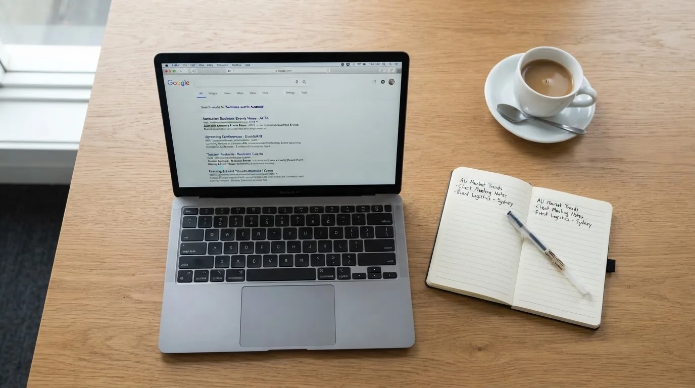 A tidy desk with a laptop open on a plain search-results page, a notebook and a coffee cup beside it, no screens showing any casino branding.