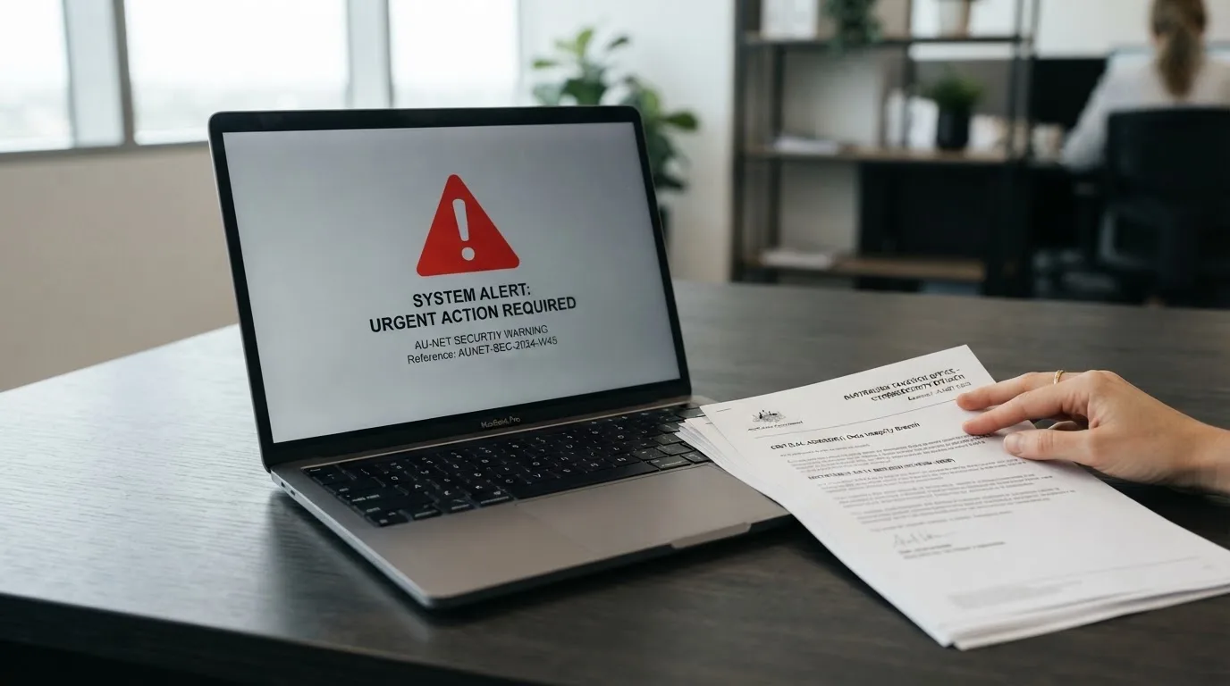 A red triangular warning sign icon on a laptop screen next to a stack of legal papers, symbolising an official caution rather than any specific website.